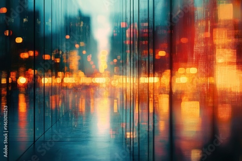 Obraz na płótnie blurred urban night scene with reflections of colorful city lights on glass walls creating a vibrant and abstract atmosphere w salonie