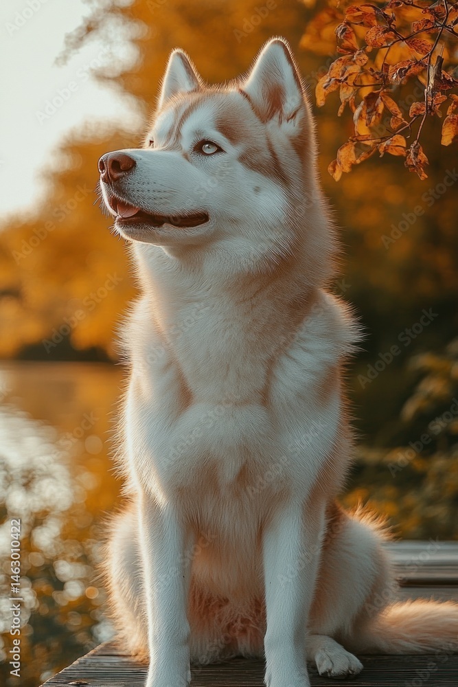 majestic husky dog sitting calmly on a wooden dock surrounded by autumn foliage with warm golden light