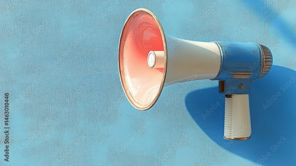 vintage megaphone attached to a bright blue textured wall with soft shadows in natural light