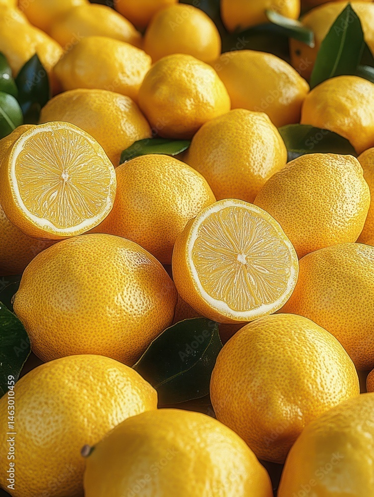 Fresh ripe yellow lemons with green leaves and two lemons cut in half showing juicy interior