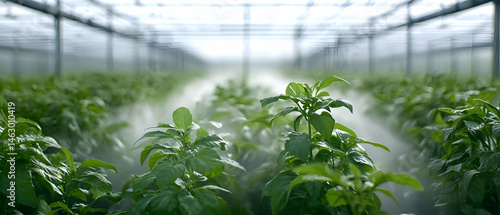 Densely Packed Greenhouse Plants With Irrigation Mist