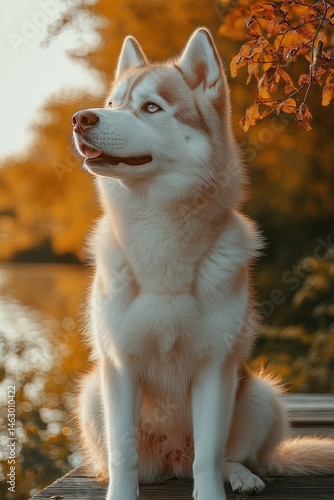 Obraz na płótnie majestic husky dog sitting calmly on a wooden dock surrounded by autumn foliage with warm golden light w salonie