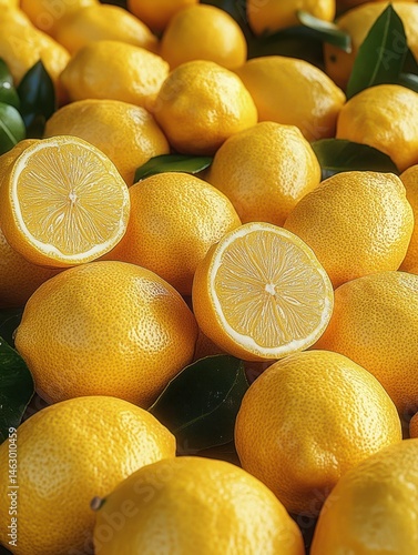 Obraz na płótnie Fresh ripe yellow lemons with green leaves and two lemons cut in half showing juicy interior w salonie