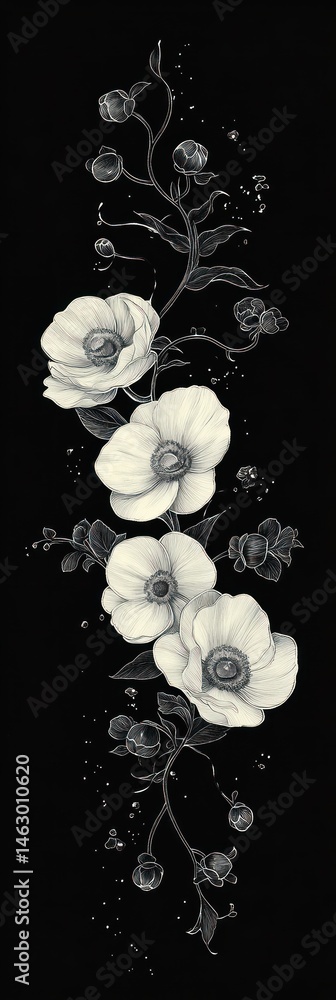Delicate monochrome botanical illustration of blooming flowers and unopened flower buds on intertwined stems against a black background, evoking elegance and calm