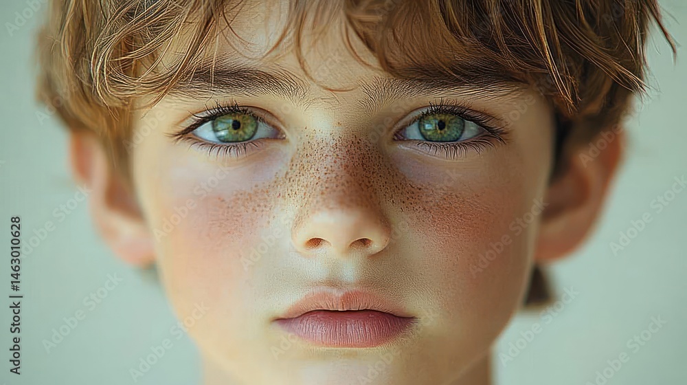 close-up portrait of a young child with green eyes and freckles looking directly with a neutral expression