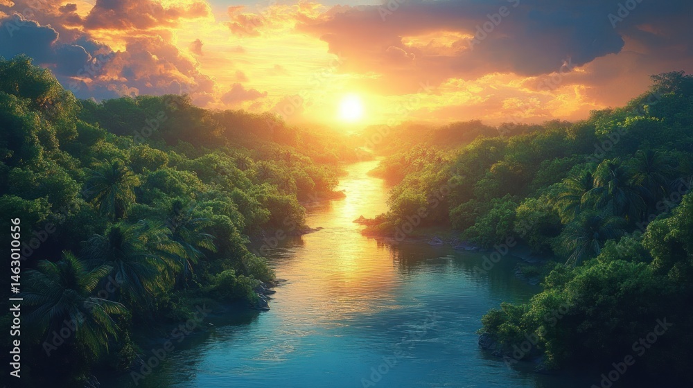 Golden sunset over a serene river flowing through lush green tropical forest with vibrant clouds and calm water reflecting the warm light