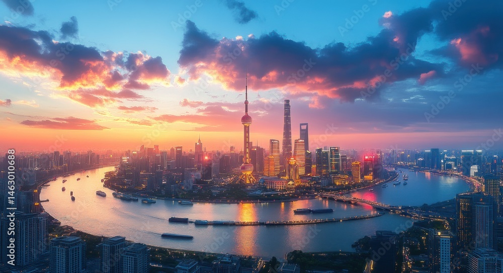 A vibrant city skyline at sunset with a river curving around modern skyscrapers and colorful clouds illuminating the sky, reflecting golden and blue hues on the water