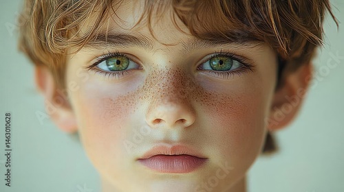 Obraz na płótnie close-up portrait of a young child with green eyes and freckles looking directly with a neutral expression w salonie