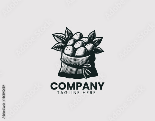 Flat cartoon vector logo of burlap bag full of fresh potatoes on white background. Illustration for farm food branding and agricultural packaging design.