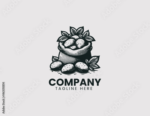 Vector logo illustration of burlap sack filled with fresh brown potatoes on white background. Flat cartoon farm produce design for food packaging and organic branding.
