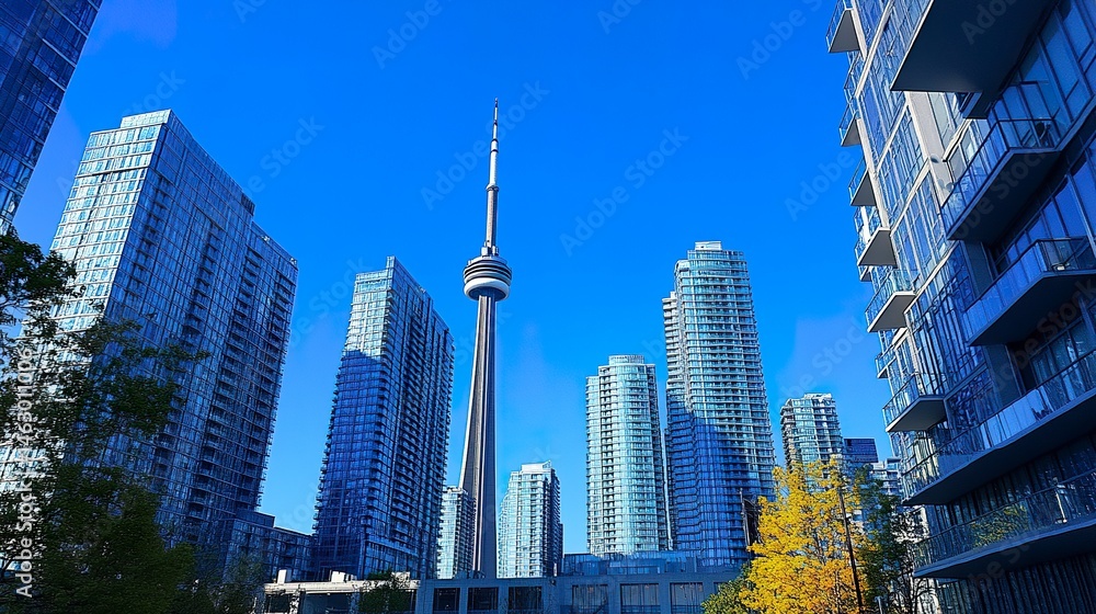 Obraz premium A dramatic low-angle view of Toronto's skyscrapers, their sleek glass facades towering into the clear blue sky, showcasing the city's modern architectural brilliance 