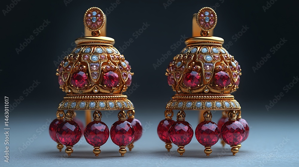 Obraz premium Elegant Pair Of Golden Earrings With Ruby And Diamond Accents Photo