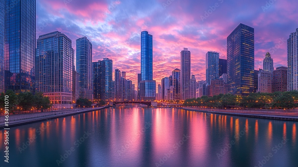 Obraz premium A dramatic sunset casting pink and blue hues across the skyline, the reflective glass walls of skyscrapers amplifying the colors and enhancing the vibrant cityscape 