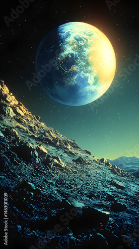 Earth seen from a lunar landscape.  Vast expanse of a rocky, cratered moon with Earth rising in the background