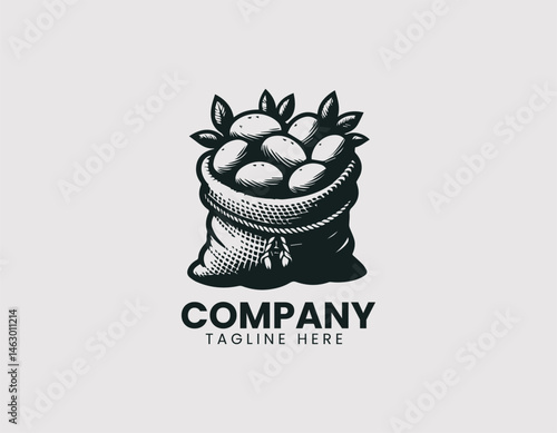 Vector logo illustration of burlap sack filled with fresh brown potatoes on white background. Flat cartoon farm produce design for food packaging and organic branding.