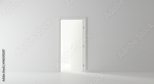 A minimalist interior featuring an open white door against a white wall and a white floor space
