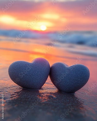 Two heart-shaped stones resting on wet sand at the beach during a colorful sunset with soft waves in the background, evoking a romantic and serene mood