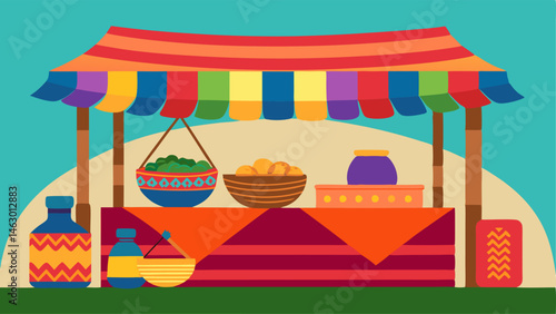 A stall selling woven baskets and handcrafted textiles with vibrant patterns and colors.