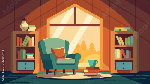 A sunlit reading nook is tucked away in a corner of the cottage furnished with a cozy armchair and a small side table stacked with books and a cup of tea.
