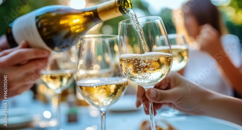 White wine being poured into glasses outdoors, perfect for a celebratory gathering.  Hands reaching for glasses, warm sunlight