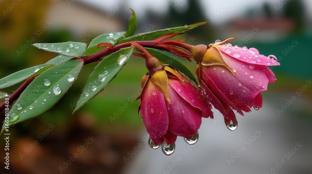 Obraz premium Close-up of pink flower with water droplets on petals and leaves after rain, vibrant nature scene