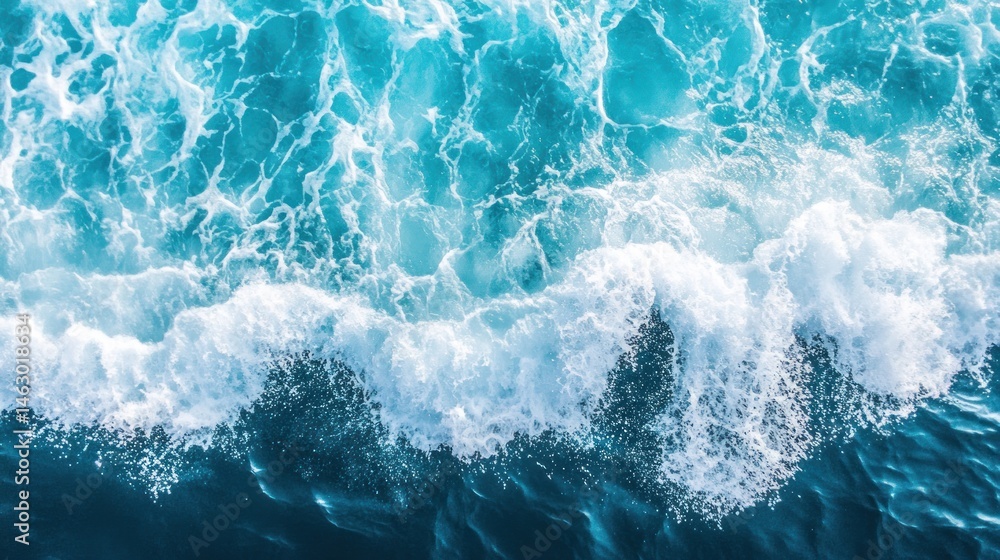 Fototapeta premium Ocean Wave Crashing Top View with Turquoise Water and White Foam