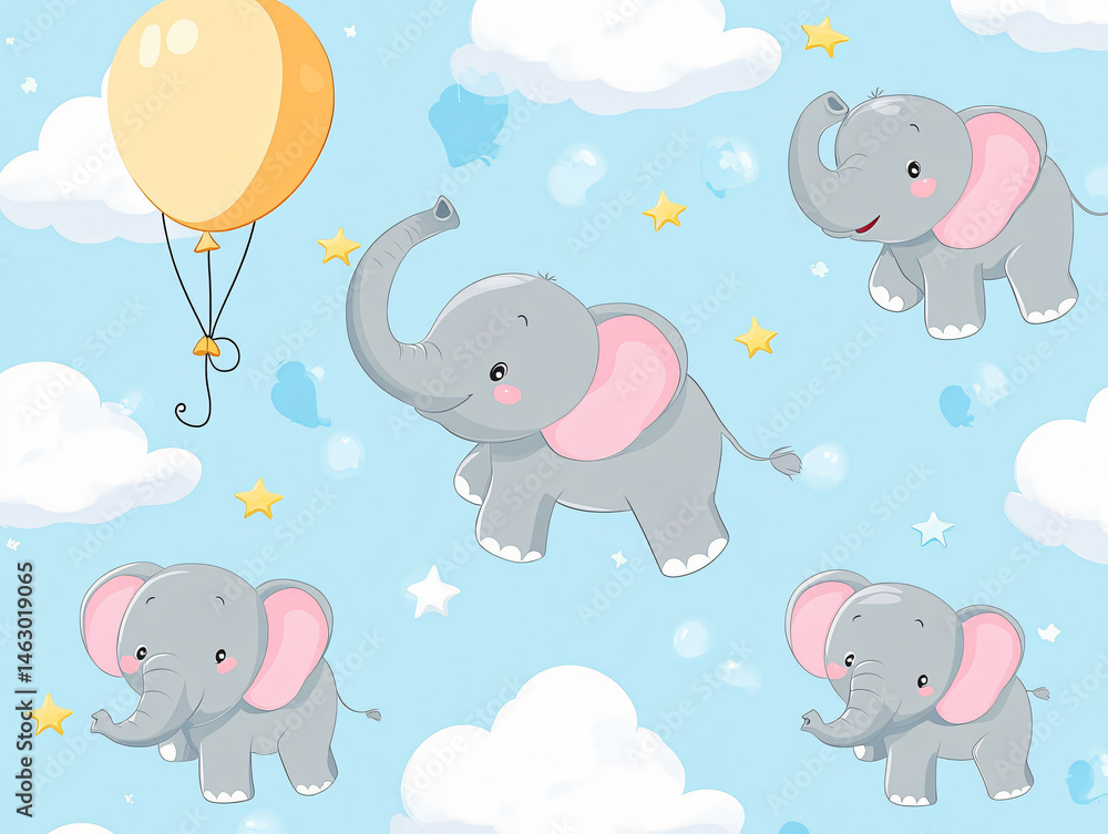 Fototapeta premium Elephant Balloon Clouds Sky Pattern Colorful Cute Illustration Toy Fantasy Playful Drawing Childish Decorative Artwork Kids Animal Friendly Whimsical Pastel Safari Celebration Nursery Party Floating