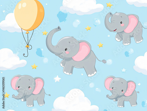 Elephant Balloon Clouds Sky Pattern Colorful Cute Illustration Toy Fantasy Playful Drawing Childish Decorative Artwork Kids Animal Friendly Whimsical Pastel Safari Celebration Nursery Party Floating 
