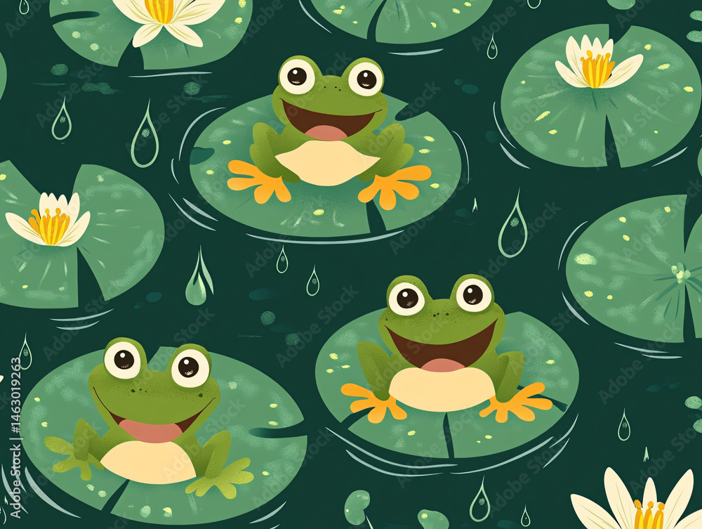 Fototapeta premium Frogs Lilypads Pond Illustration Cartoon Nature Greens Leaves Waterlilies Playful Happy Smiling Characters Wetland Blooming Flowers Aquatic Environment Artwork Garden Fantasy Kids Fun Summer Beauty