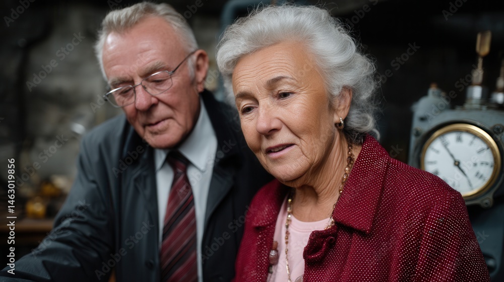 Elderly man and woman engaging in a serious conversation indoors, with vintage clock in background Elderly man and woman engaging in a serious conversation indoors, with vintage clock in background