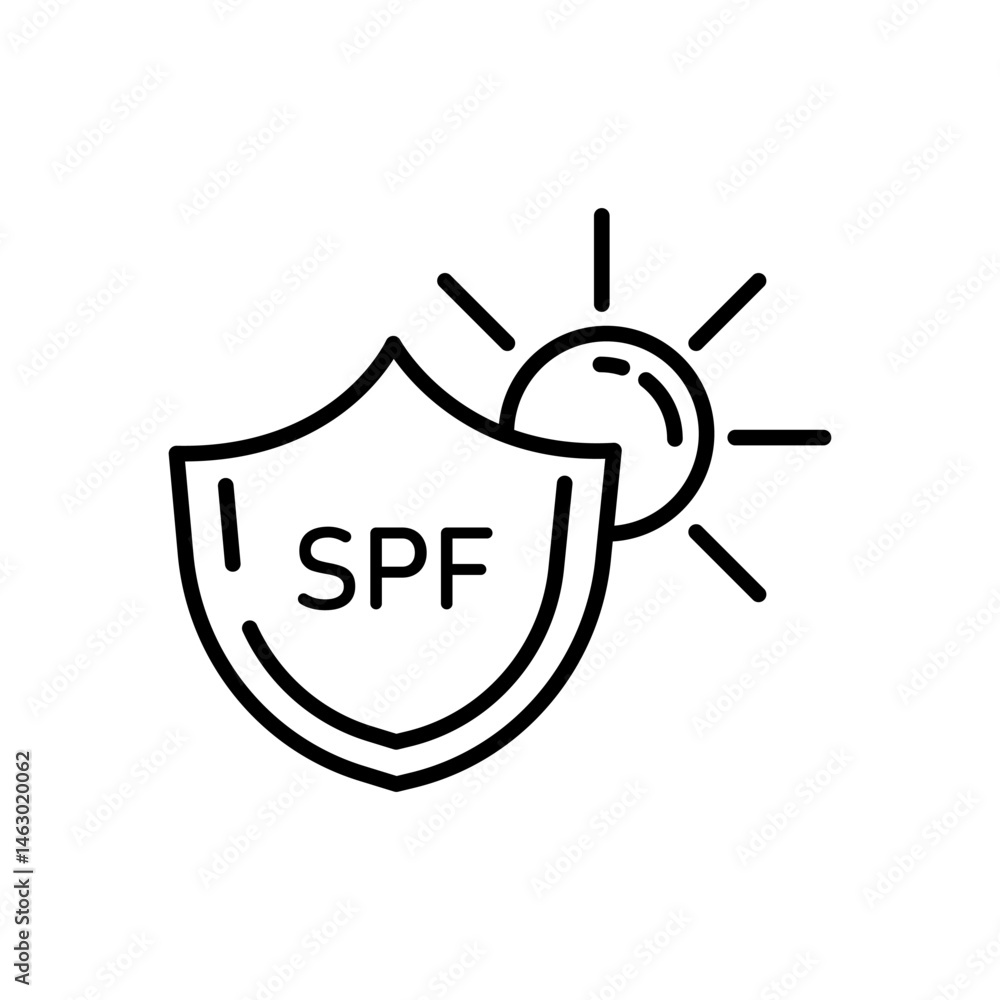 SPF shield icon. Sun exposure symbol. UV defense graphic. Vector sunray protection.