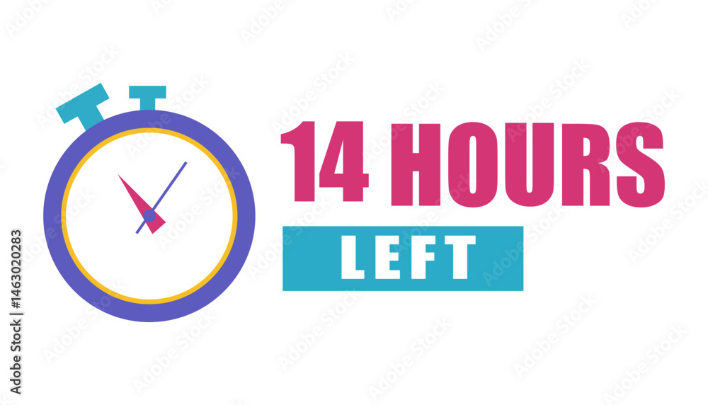 Colorful clock image. Fourteen hour alert. Countdown message shape. Vector graphic.