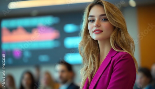 Confident young woman with long blonde hair wearing a magenta blazer standing in front of a blurred business presentation screen in an office setting with colleagues in the background