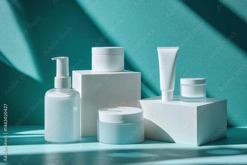 Minimalistic arrangement of white cosmetic containers including pump bottle, jars, and tube on white blocks with teal background and soft shadow play Minimalistic arrangement of white cosmetic containers including pump bottle, jars, and tube on white blocks with teal background and soft shadow play