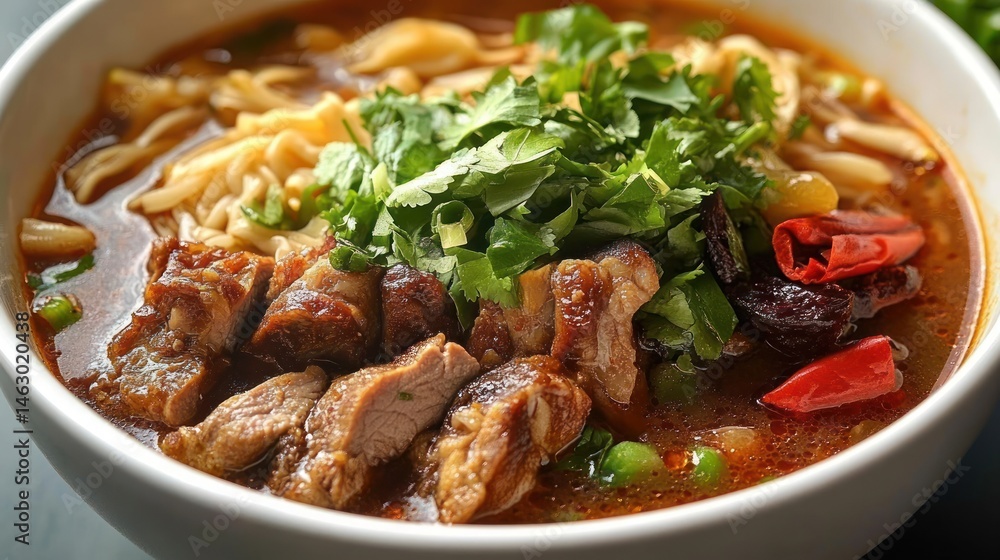 Bowl of spicy noodle soup with pieces of cooked meat, fresh cilantro, green vegetables, and red chili peppers in a rich broth Bowl of spicy noodle soup with pieces of cooked meat, fresh cilantro, green vegetables, and red chili peppers in a rich broth