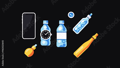Daily_Essentials_Cartoon_Flat_Lay_Featuring_a_Smartphone_Water_Bottles_Watch_and_Colorful_Liquid_Containers_on_a_Clean_Black_Background