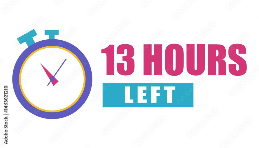Classic timer icon. Bright thirteen hours. Countdown flat label. Vector stopwatch.