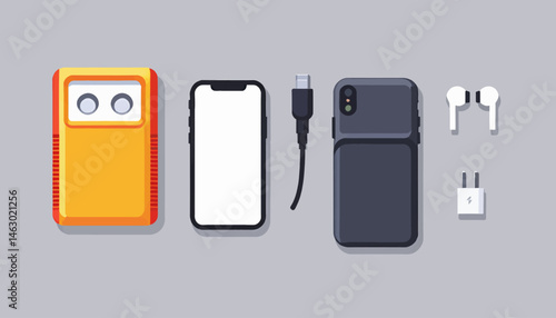 Tech Gadgets Flat Lay_Smartphone_Accessories_Headphones_Charger_Cable_Orange Retro Device_Modern Mobile Lifestyle_Digital Essentials_Tech Still Life