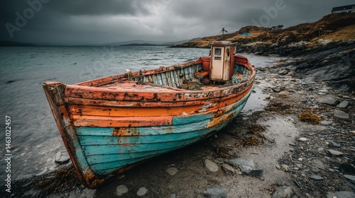 Abandoned fishing boat on a stormy coast