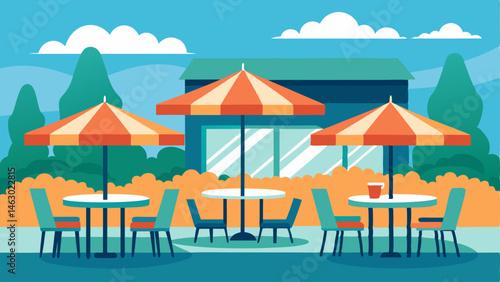 outdoor patio with tables chairs and umbrellas providing a space for students to enjoy their meals or study outdoors.