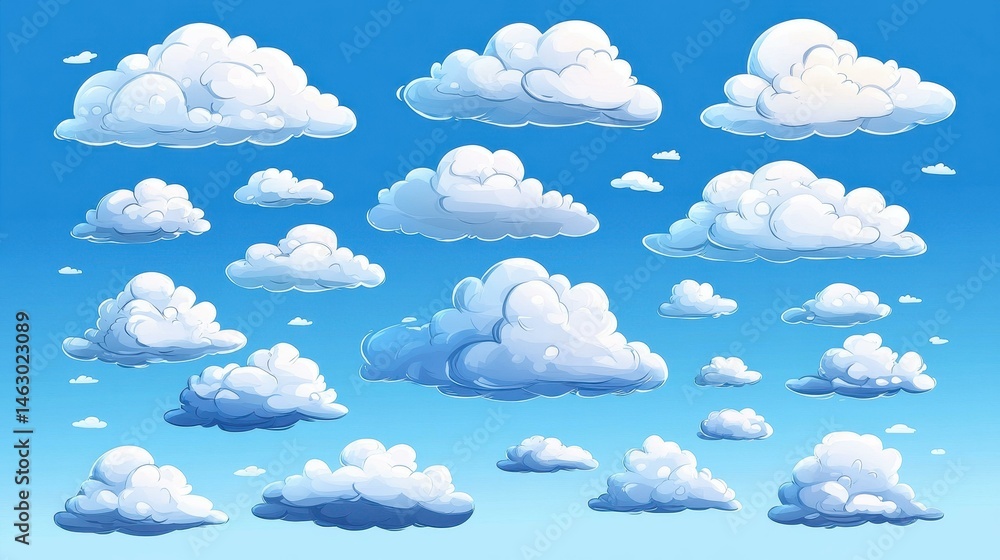 Cheerful cartoon clouds drift across a bright blue sky, featuring a modern flat design with fun textures and playful vibes. Cheerful cartoon clouds drift across a bright blue sky, featuring a modern flat design with fun textures and playful vibes.