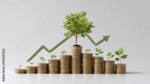 Münzstapel mit Pflanzen und Wachstumspfeil