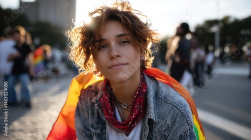 Wallpaper Mural Young Woman with Rainbow Flag Wrap, Casual Fashion, Short Hair, Outdoor City Scene, Sunset Lighting Torontodigital.ca