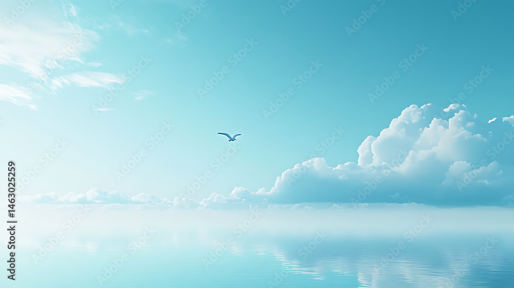 Fototapeta premium A bird flies over a calm blue ocean