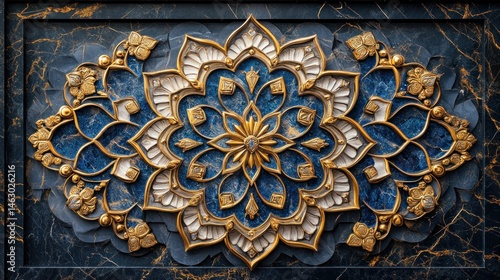 Intricate gold and blue marble floral relief carving.