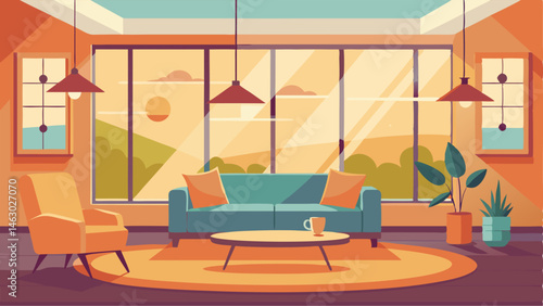 The lounge is welllit with soft natural lighting from the large windows creating a warm and inviting atmosphere.