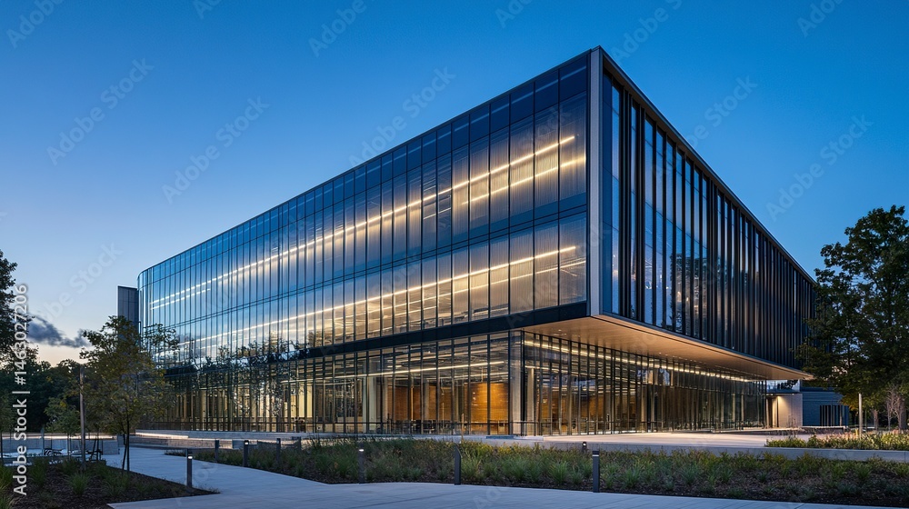 A state-of-the-art R&D building with a modern glass exterior and metallic accents, showcasing a spacious and innovative design suitable for cutting-edge technology A state-of-the-art R&D building with a modern glass exterior and metallic accents, showcasing a spacious and innovative design suitable for cutting-edge technology