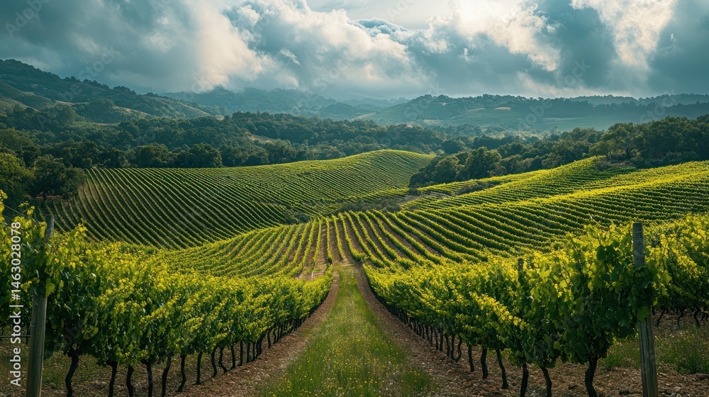 Fototapeta premium Vineyard Vista: Verdant Rows and Rolling Hills Under a Dramatic Sky