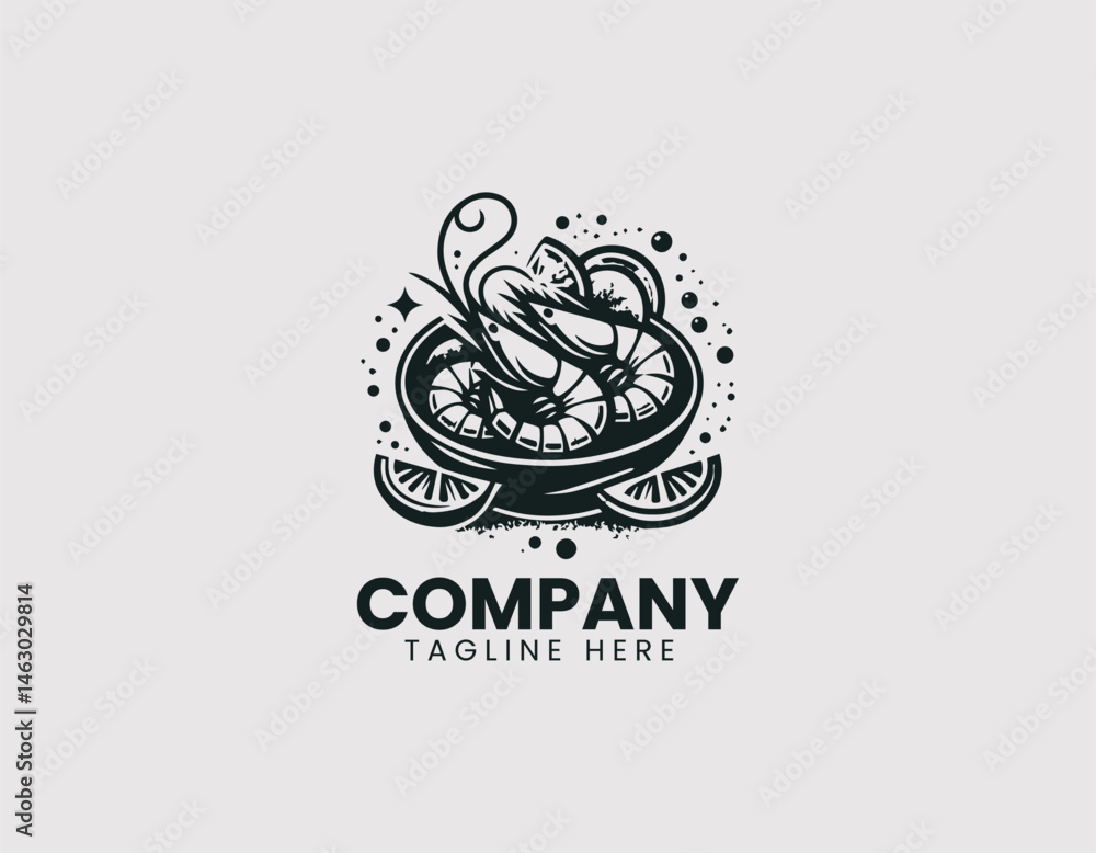 Fototapeta premium Flat cartoon illustration of cooked shrimp with lime and spices on a plate. Vector food logo for culinary and seafood branding.