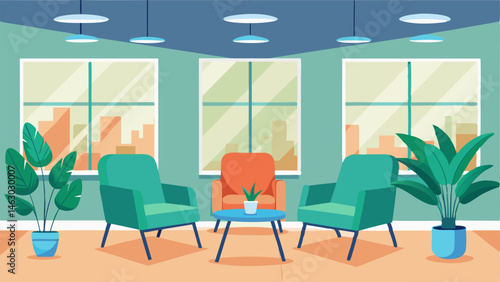 A spacious waiting area with comfortable chairs plants and natural light.